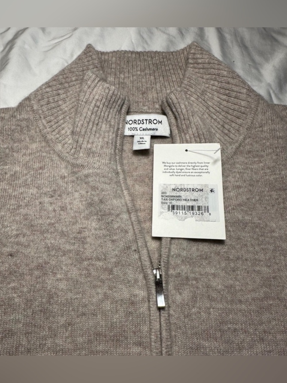 Nordstorm Cashmere Quarter Zip pullover Sweater. Tan/oxford heather new. Mens XL